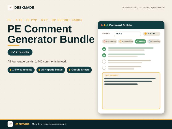 PE Comment Generator Bundle | Grades K-12 | IB Report Cards