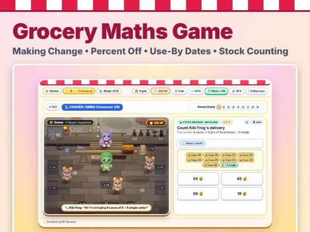 Grocery Maths Game: Change, % Off, Use-By
