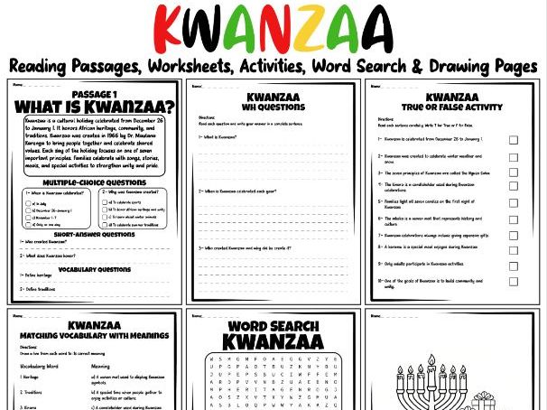 Kwanzaa Reading Passages, Worksheets, Activities, Word Search & Drawing Pages