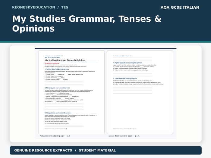 AQA GCSE Italian – My Studies Grammar, Tenses & Opinions