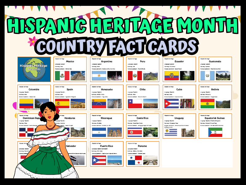 Hispanic Heritage Country Fact Cards – Language, Currency & Landmarks