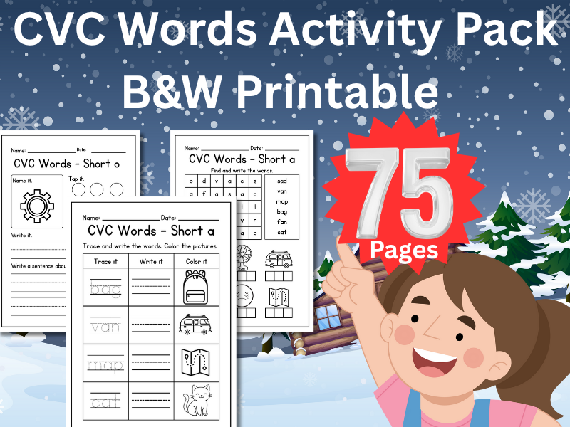 CVC Words Activity Pack – B&W Printable