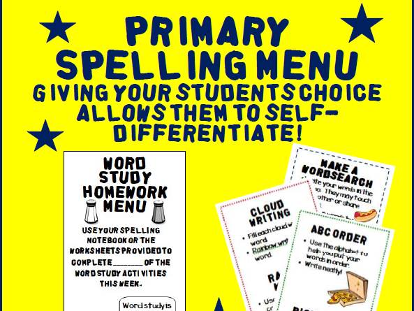 Primary Spelling Menu: Homework or Classwork