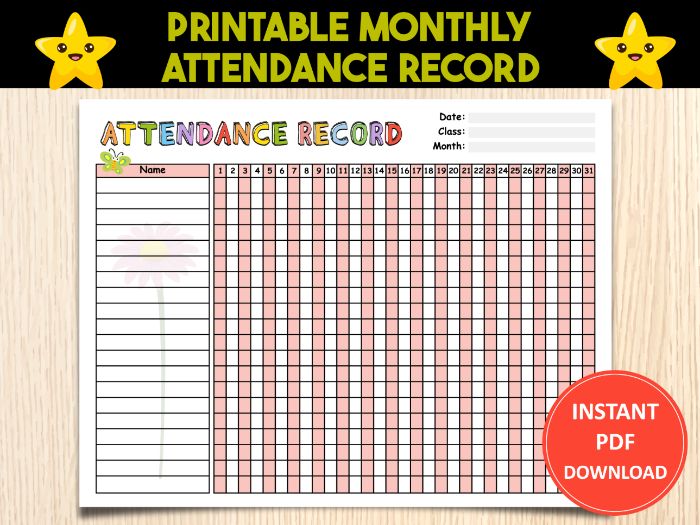Printable Monthly Teacher Attendance Record, Teacher Log, Attendance Checklist