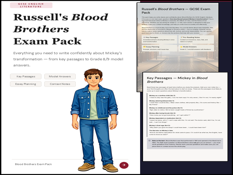 Blood Brothers GCSE Exam Pack – Mickey’s Transformation (Grade 5–9 Analysis + Model Answers)