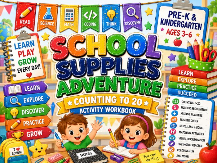 School Supplies Counting to 20 Worksheets | Number Recognition & Number Sense | PreK Kindergarten