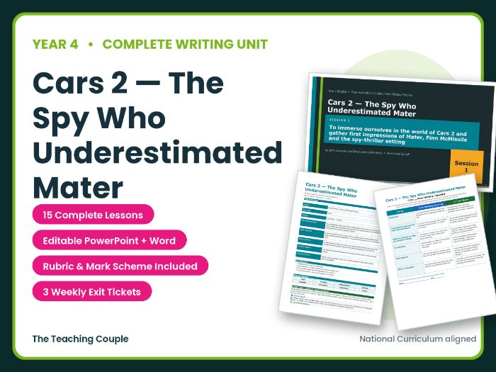 Cars 2 — The Spy Who Underestimated Mater | Year 4 English Unit | 15 Complete Lessons + Resources