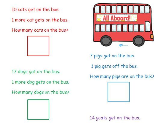 1 More/ 2 More/ Less Animal Bus Word Problem Solving Reception/EYFS/Year 1  3 differentiated sheets.