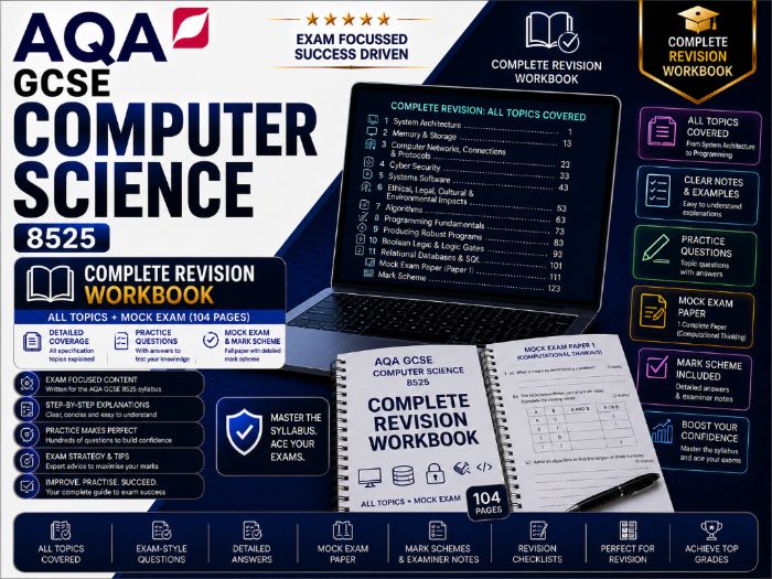 AQA GCSE Computer Science 8525 COMPLETE Revision Workbook - EOC | All Topics + Mock Exam (104 Pages)