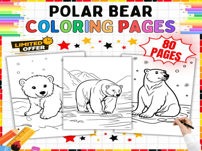 Polar Bear Coloring Pages | Arctic Animals Printables for Kids | Winter Wildlife Art Worksheets