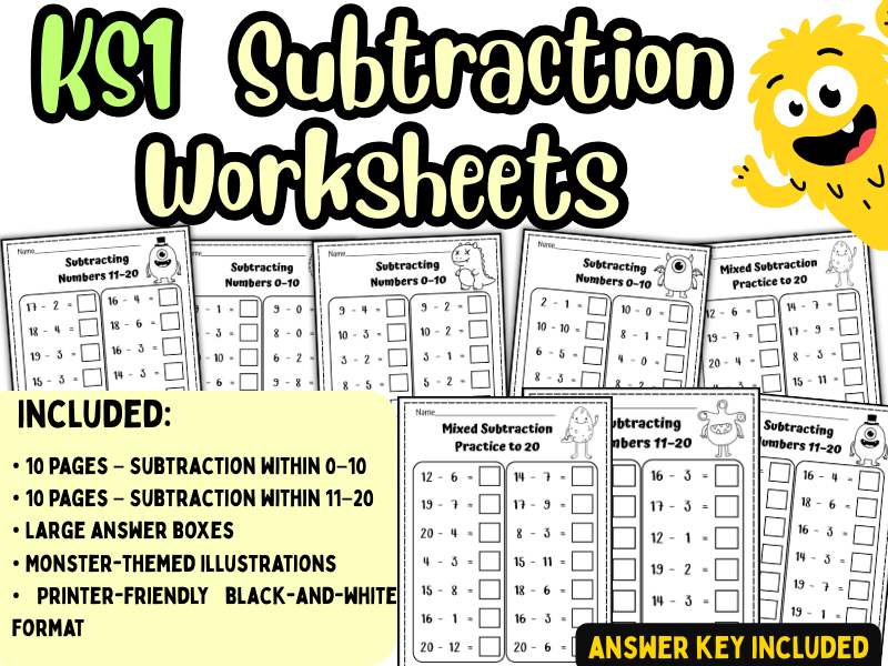 KS1 Subtraction Worksheets | Monster Theme | Subtracting Numbers 0–20