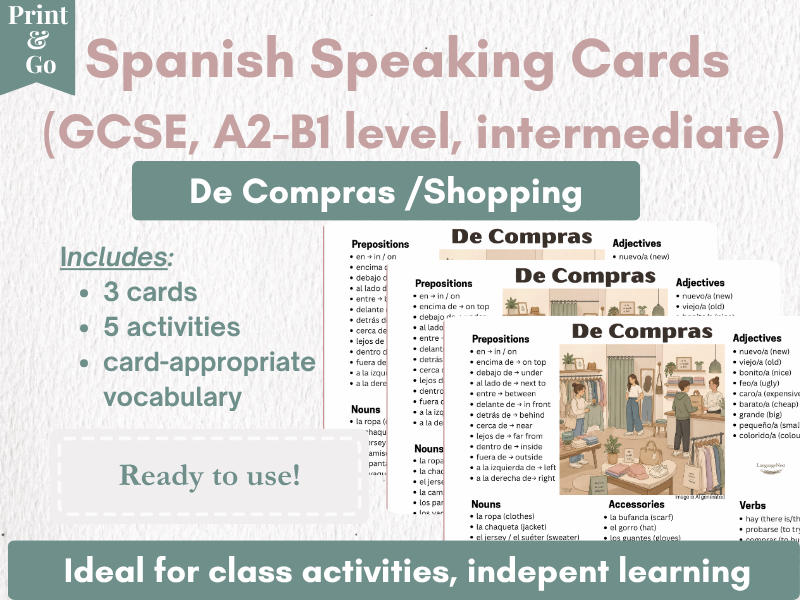 Spanish De Compras Picture Cards & Vocabulary Activities | Spanish Speaking Resource