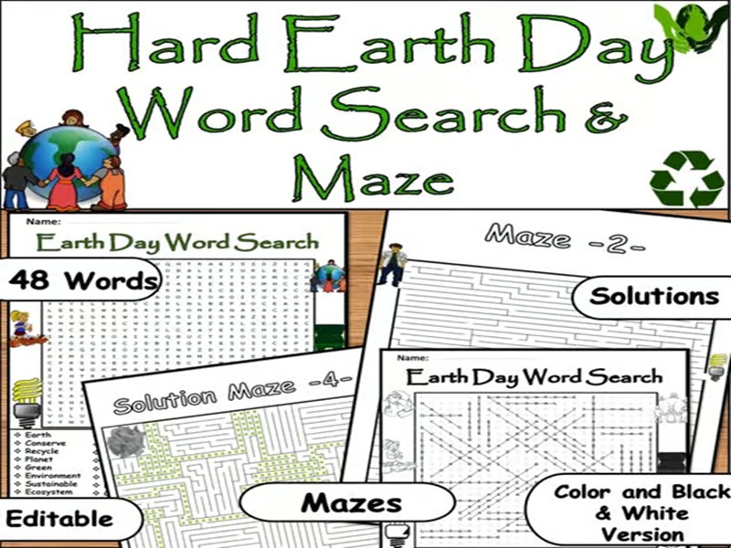 Earth Day April 22nd :Hard Word Search & Maze with 48 Words Find Puzzles