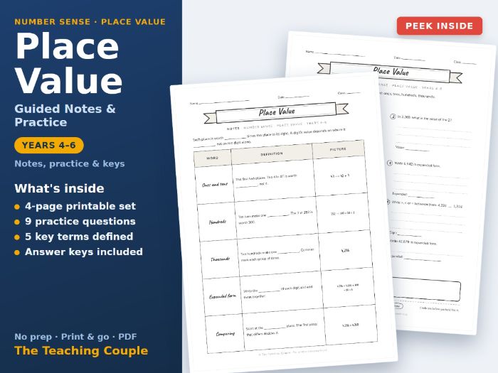 Place Value Guided Notes & Practice + Answer Keys | Years 4-6