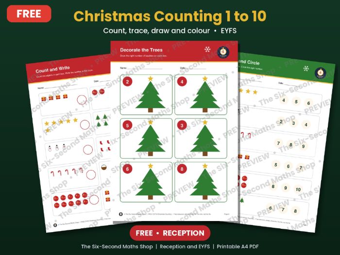 FREE EYFS Christmas Counting 1 to 10 Worksheets | Reception Maths