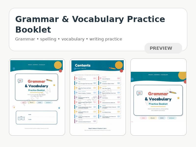 Grammar, Spelling & Vocabulary Practice Booklet | Years 7-10 | EALD Friendly