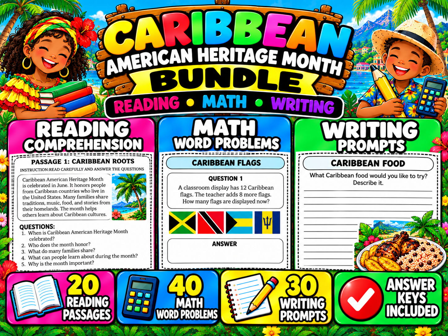 Caribbean American Heritage Month Bundle | Reading Comprehension, Math Word Problems & Writing Prompts