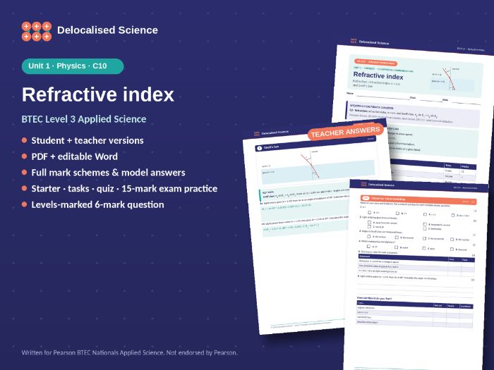 BTEC Applied Science Unit 1 Physics: Refractive index (C10) - worksheet + answers