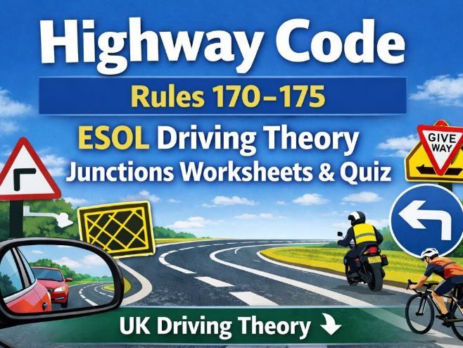 ESOL Driving Theory – Highway Code Rules 170–175 | Junctions Printable, Quiz & Teacher Answers