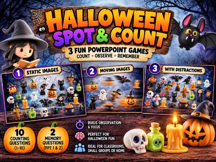 HALLOWEEN - SPOT AND COUNT (UP TO 10) - 3 Powerpoint activities