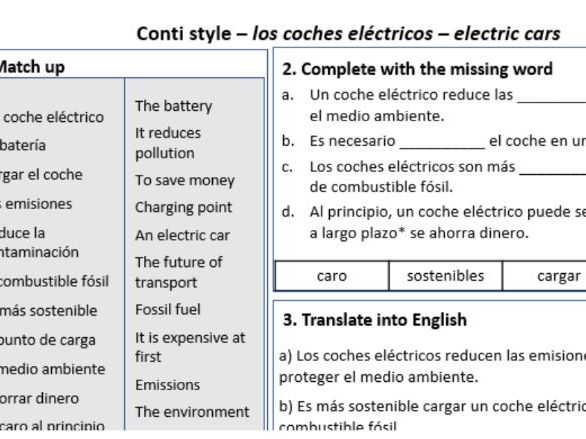 Electric Cars in Spanish – Conti-Style Vocabulary & Practice Worksheet (National 5 / GCSE)