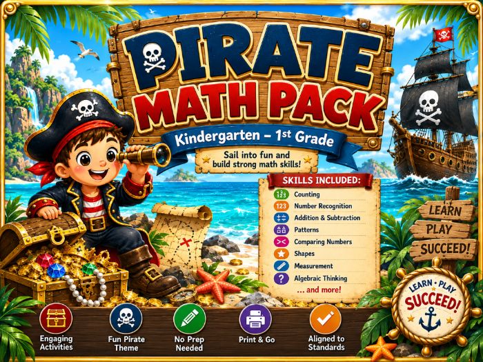 Pirate Math Worksheets | Kindergarten & 1st Grade Math Activities | No Prep Printables