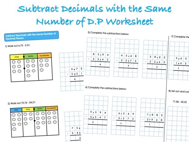 Decimals Worksheet - Subtract Decimals with the Same Number of Decimal Places
