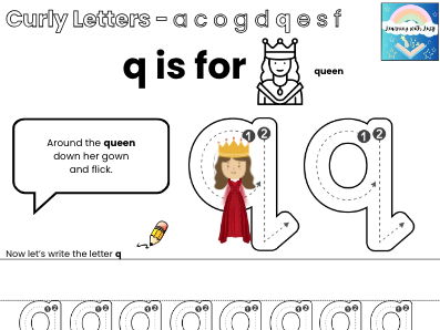 Letter q Handwriting Worksheet | All Around the Queen and Down Her Gown