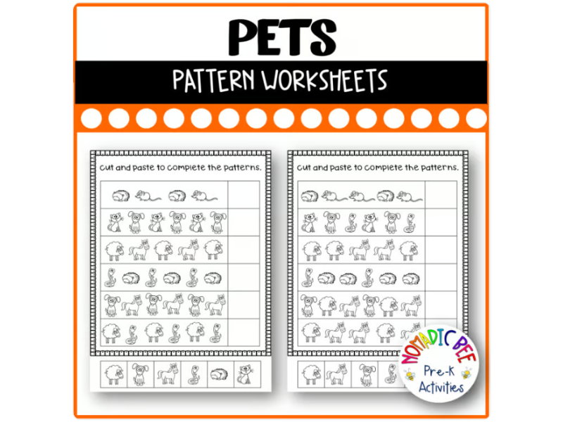 Pets Theme: Cut-and-Paste Pattern worksheets