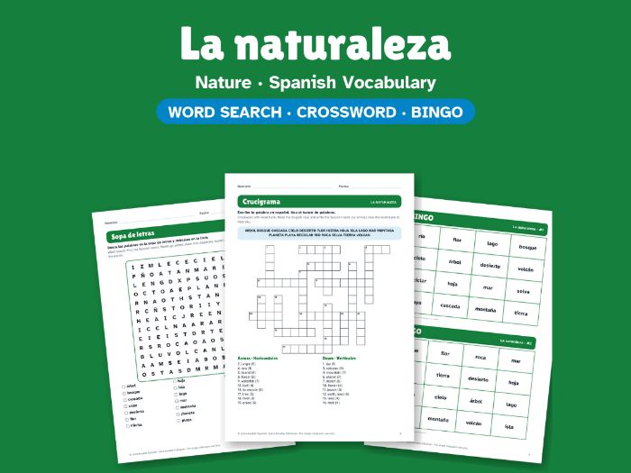 Nature in Spanish: Word Search, Crossword & Bingo