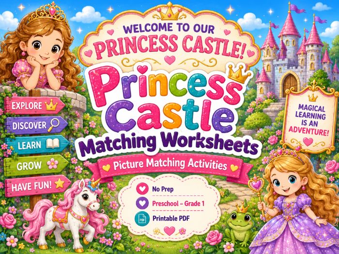 Princess Castle Matching Worksheets | Picture, Number, Letter, Shape & Color Activities |Preschool–1