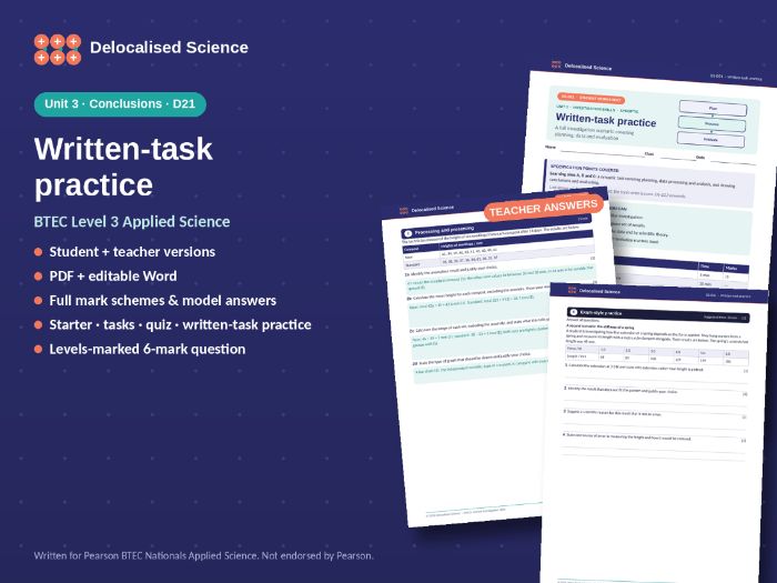 BTEC Applied Science Unit 3: Written-task practice (D21) - worksheet + answers