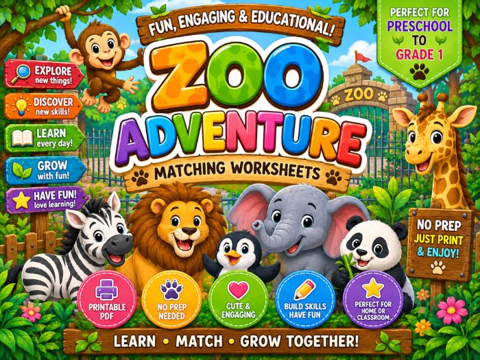 Zoo Animals Matching Worksheets | Picture, Shadow, Letters, Numbers, Shapes & Colors | Preschool–1