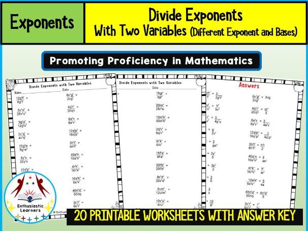 Dividing Exponents with Two Variables (Different Exponents and Bases) Worksheets Math Problems
