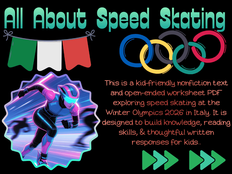Speed Skating for Kids! Nonfiction Text & Worksheets, Winter Olympics 2026 Italy