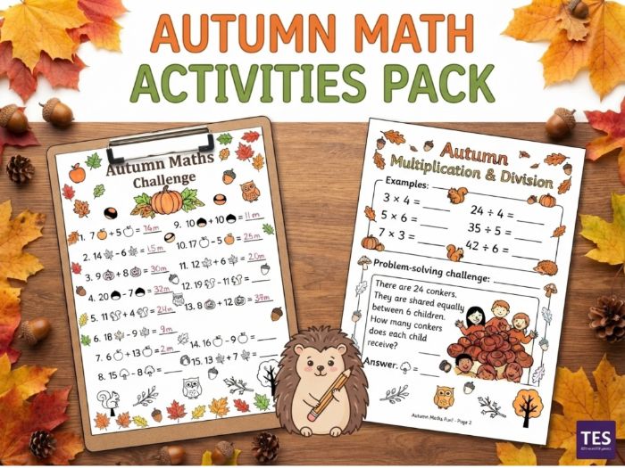 Autumn October Math Activities Pack | Fall Fractions, Multiplication & Word Problems