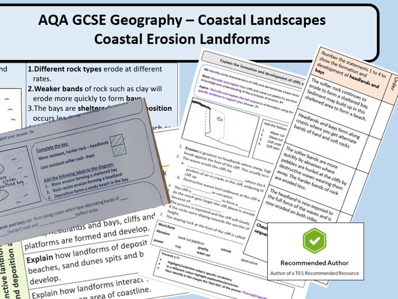 AQA GCSE Coastal Landscapes -Erosional Landforms, Complete Lesson and Supporting Resources.