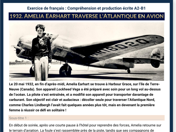 French Reading & Exercises – Amelia Earhart’s Historic Flight (A2–B1)