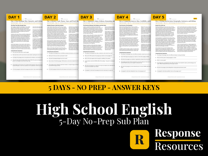 High School English Emergency Sub Plans - 5 Days No Prep Print and Go ELA