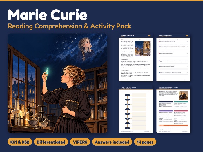 Marie Curie Reading Comprehension KS1 KS2 | Differentiated Activity Pack