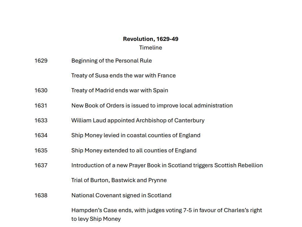 Timeline - Revolution 1629-1649 (AQA A-level history Unit 1D)