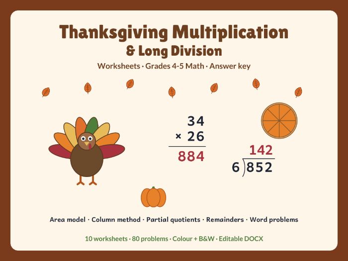 Thanksgiving multiplication & long division worksheets Grades 4-5