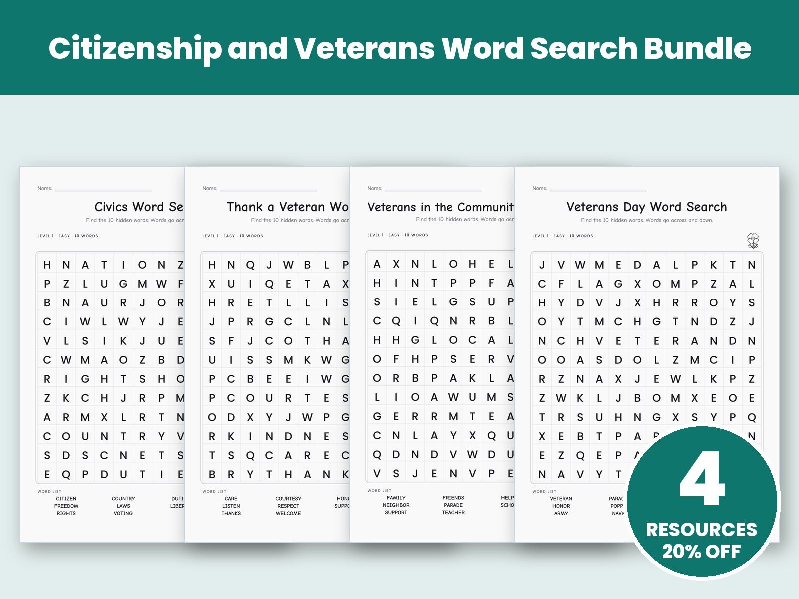 Citizenship and Veterans Word Search Bundle