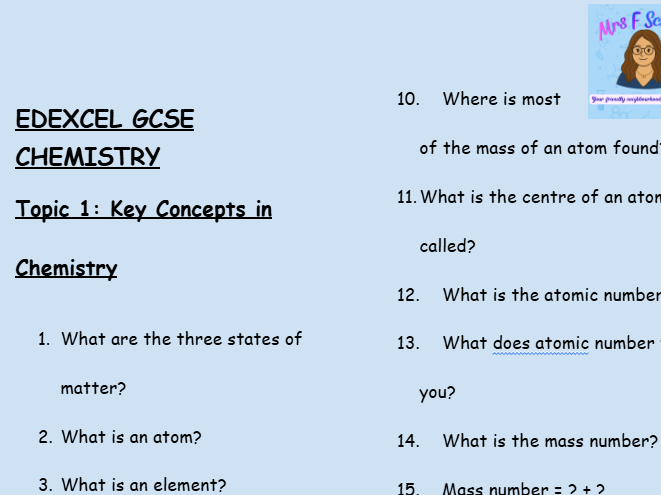 GCSE Edexcel Chemistry – Key Concepts Worksheet (30 Low-Stakes Questions + Answers)