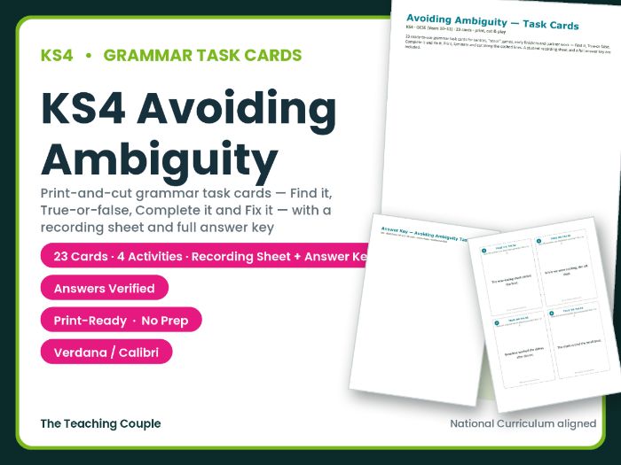 KS4 Avoiding Ambiguity Task Cards – 23 Grammar Cards + Answer Key