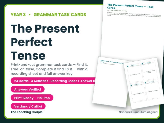 Year 3 The Present Perfect Tense Grammar Task Cards + Answer Key
