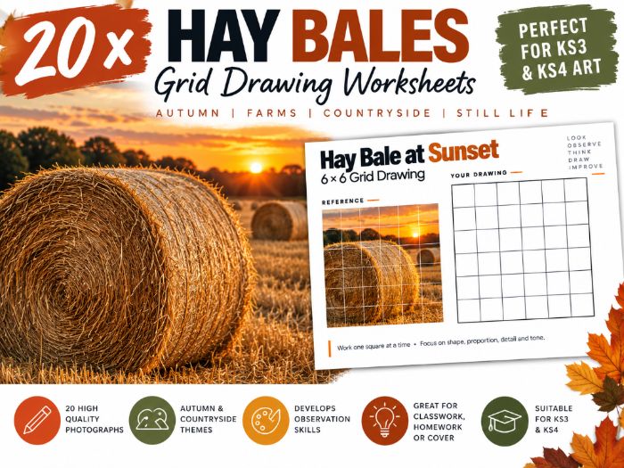 20 Hay Bales Grid Drawing Worksheets | Autumn, Harvest & Farm Art | KS3 KS4