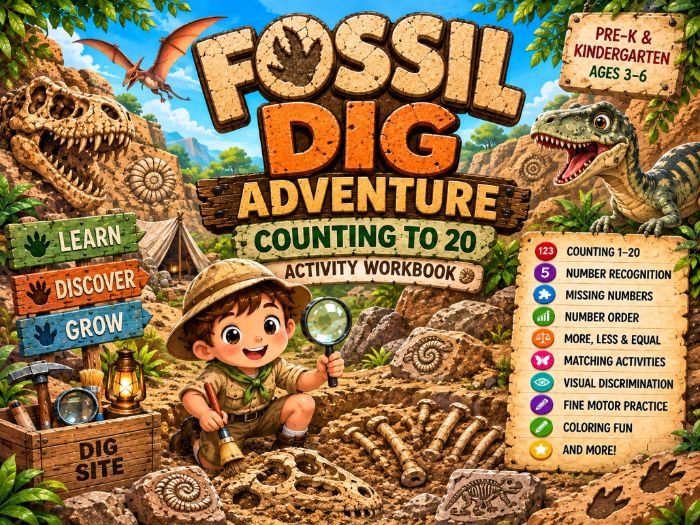 Dinosaur Math Worksheets Counting to 20 & Number Sense | Fossil Dig Activities | Pre-K–Kindergarten