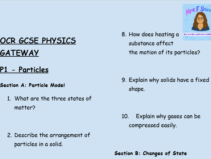 OCR GCSE Physics P1 Retrieval Practice: Matter, Density, and Energy PDF WITH ANSWERS