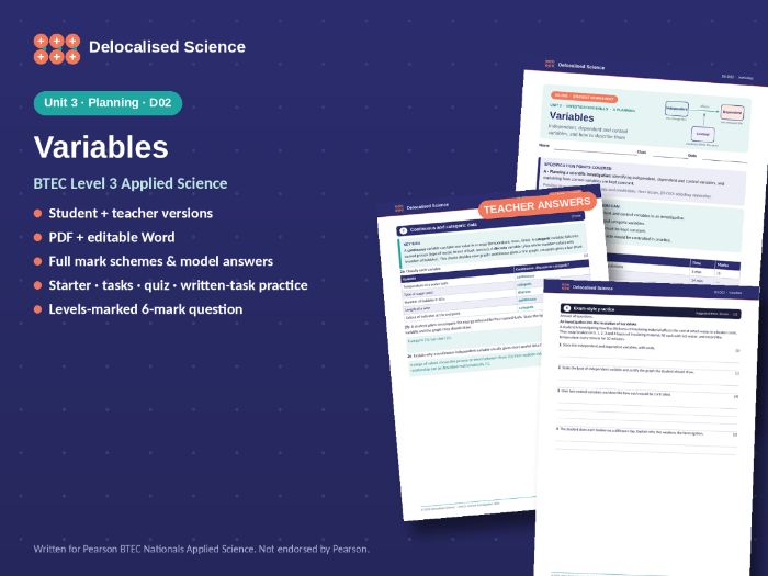 BTEC Applied Science Unit 3: Variables (D02) - worksheet + answers